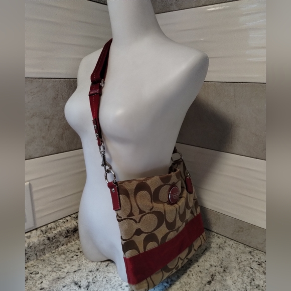 Coach Brown and Red Shoulder Bag with Signature Monogram - Picture 5 of 15